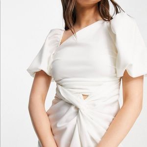 ASOS DESIGN asymmetric puff sleeve knot tuck midi dress in ivory